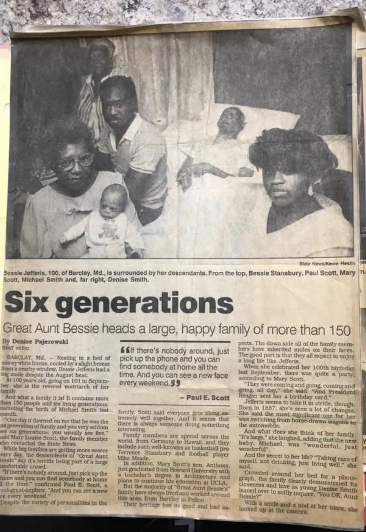 Historic newspaper clipping featuring Bessie Jefferis and descendants